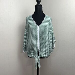 Max Studio Tie Front Blouse Women's Medium‎ Green Floral Geometric Sheer Artsy